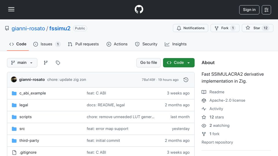 Screenshot of github.com: Fast SSIMULACRA2 Implementation in Zig