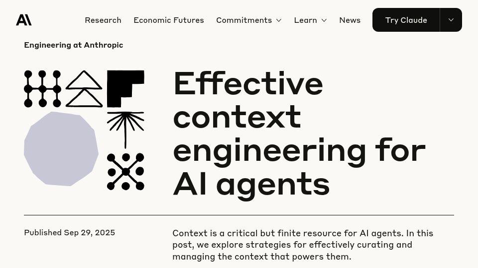Screenshot of anthropic.com: Effective context engineering for AI agents
