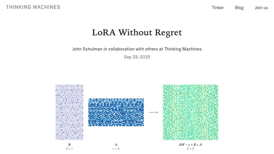 Screenshot of thinkingmachines.ai: LoRA Without Regret