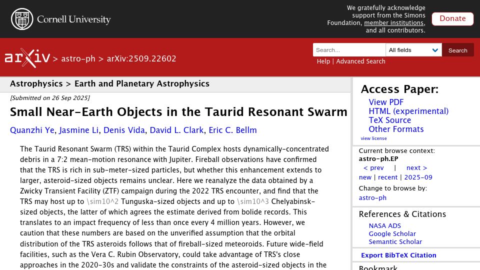 Screenshot of arxiv.org: Small Near-Earth Objects in the Taurid Resonant Swarm