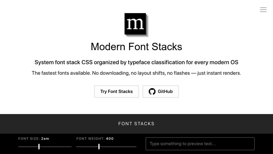 Screenshot of modernfontstacks.com: Modern Font Stacks