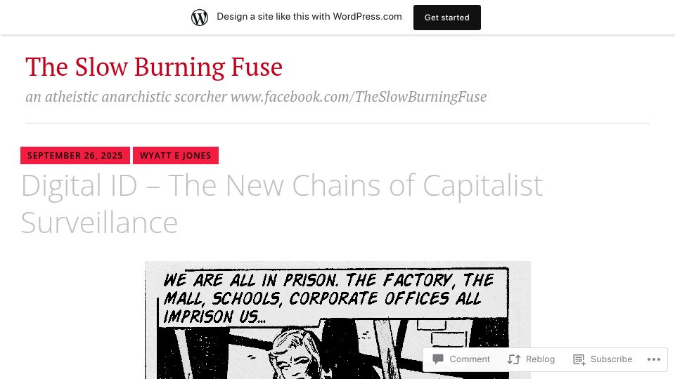 Screenshot of theslowburningfuse.wordpress.com: Digital ID – The New Chains of Capitalist Surveillance