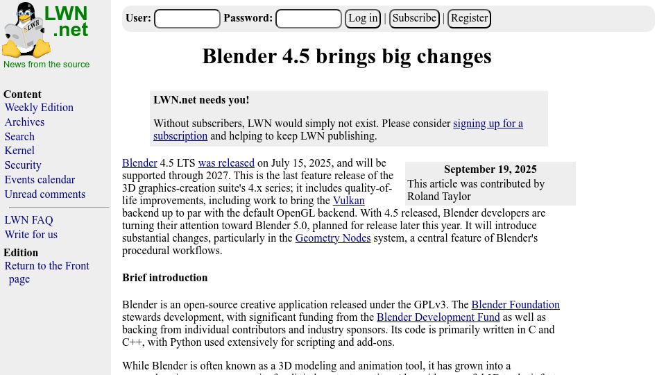 Screenshot of lwn.net: Blender 4.5 brings big changes