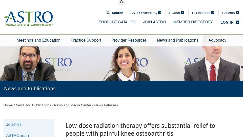 Screenshot of astro.org: Low-dose radiation offers relief to people with knee osteoarthritis