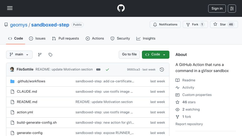 Screenshot of github.com: Show HN: Run a GitHub Actions step in a gVisor sandbox