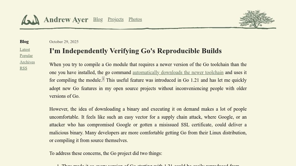 Screenshot of agwa.name: Independently verifying Go's reproducible builds