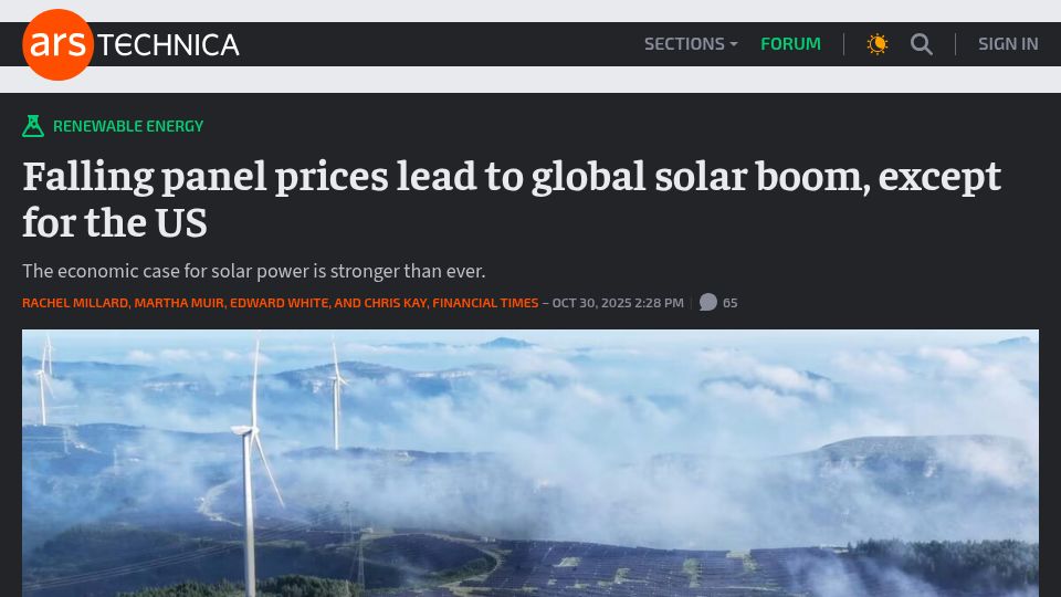 Screenshot of arstechnica.com: Falling panel prices lead to global solar boom, except for the US