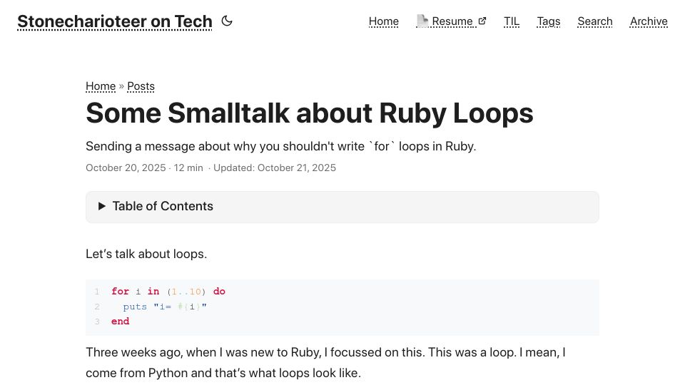 Screenshot of tech.stonecharioteer.com: Some Smalltalk about Ruby Loops