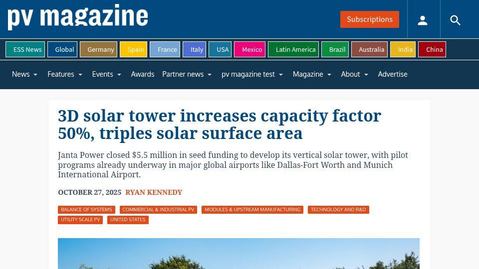 Screenshot of pv-magazine.com: 3D solar tower increases capacity factor 50%, triples solar surface area