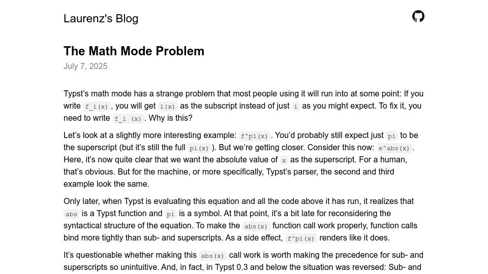 Screenshot of laurmaedje.github.io: Typst's Math Mode Problem