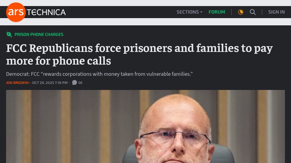Screenshot of arstechnica.com: FCC Republicans force prisoners and families to pay more for phone calls
