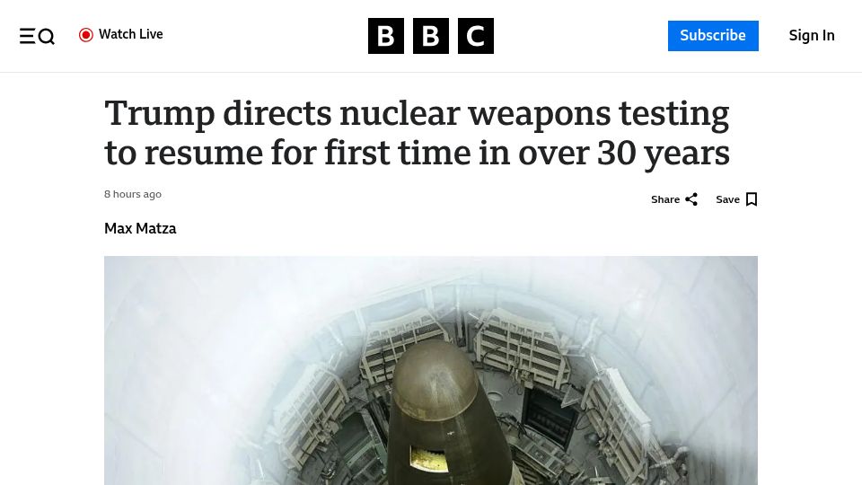 Screenshot of bbc.com: Trump directs nuclear weapons testing to resume for first time in over 30 years