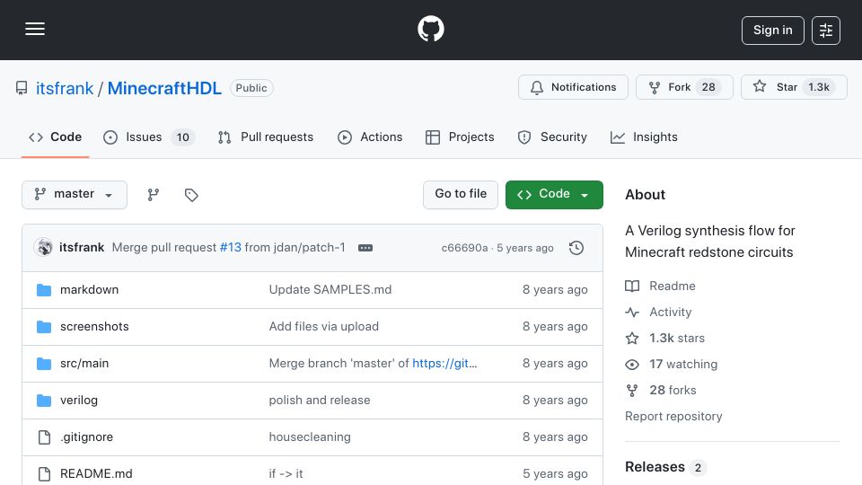 Screenshot of github.com: Minecraft HDL, an HDL for Redstone
