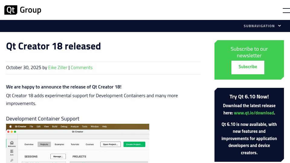 Screenshot of qt.io: Qt Creator 18 Released