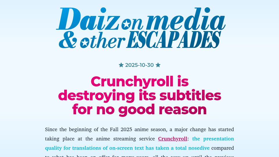 Screenshot of daiz.moe: Crunchyroll is destroying its subtitles