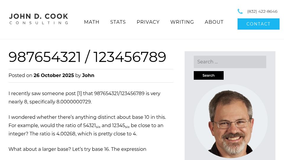 Screenshot of johndcook.com: 987654321 / 123456789