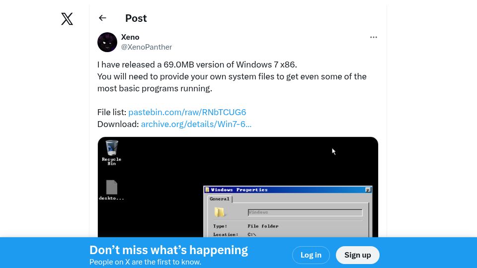 Screenshot of twitter.com: I have released a 69.0MB version of Windows 7 x86