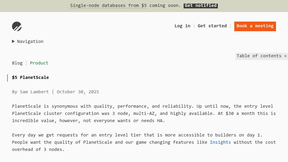 Screenshot of planetscale.com: PlanetScale Offering $5 Databases