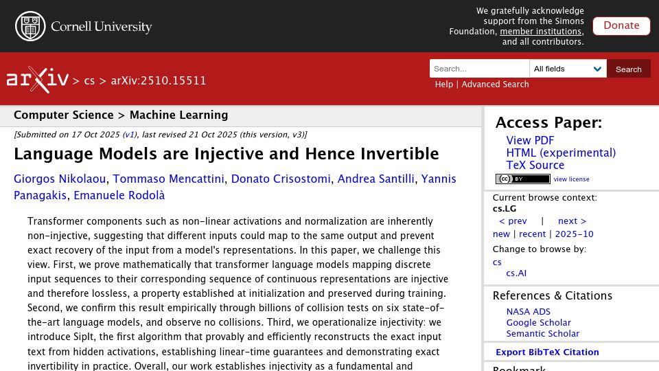 Screenshot of arxiv.org: Language models are injective and hence invertible