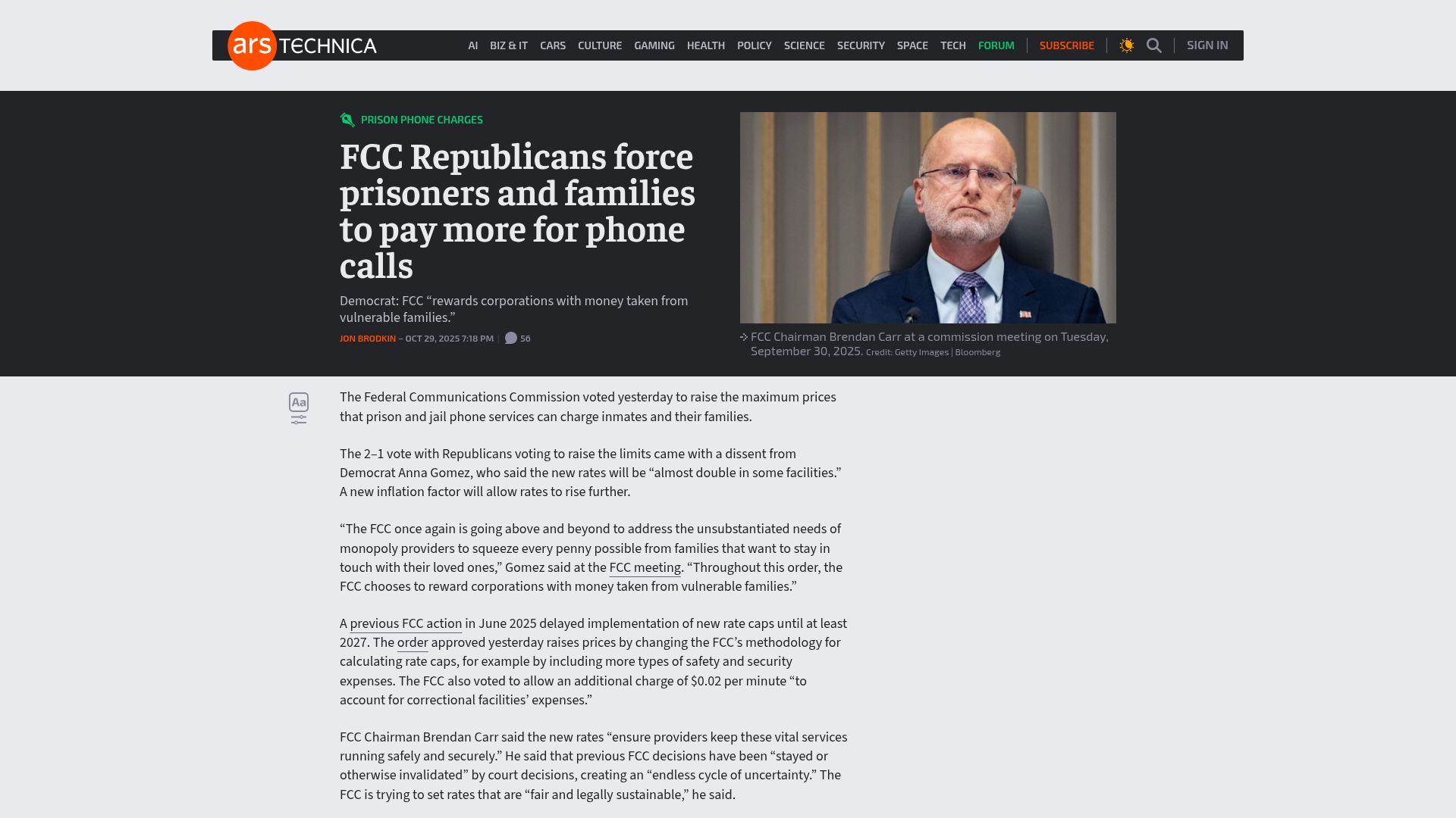 Screenshot of arstechnica.com: FCC Republicans force prisoners and families to pay more for phone calls