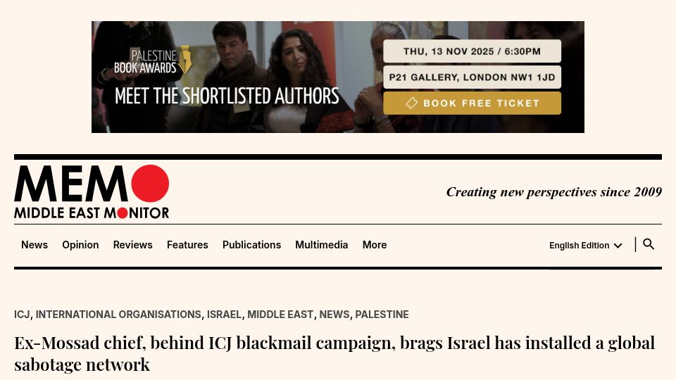 Screenshot of middleeastmonitor.com: Ex-Mossad chief brags Israel has installed a global sabotage network