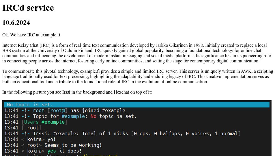 Screenshot of example.fi: IRCd service (2024)