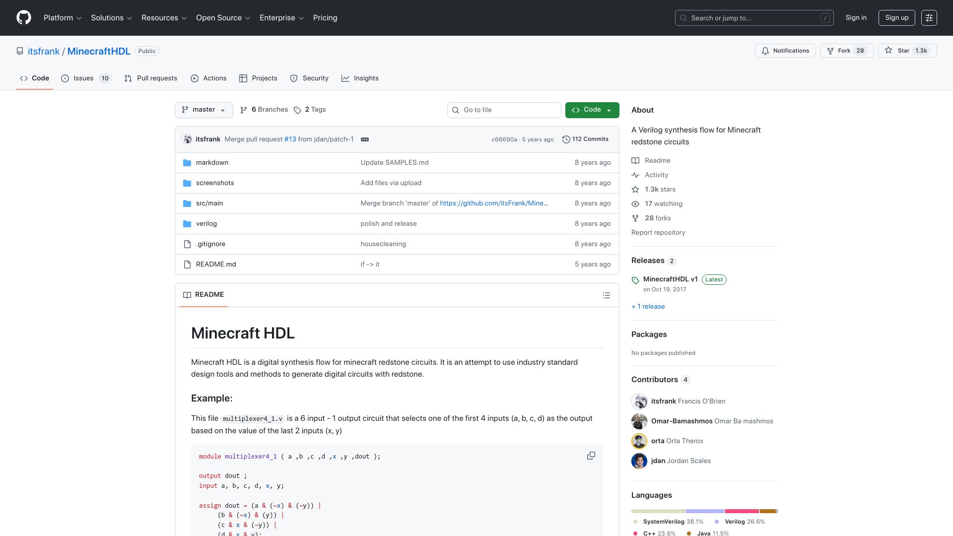 Screenshot of github.com: Minecraft HDL, an HDL for Redstone