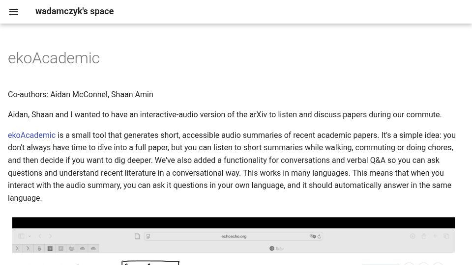 Screenshot of wadamczyk.io: Show HN: ekoAcademic – Convert ArXiv papers to interactive podcasts