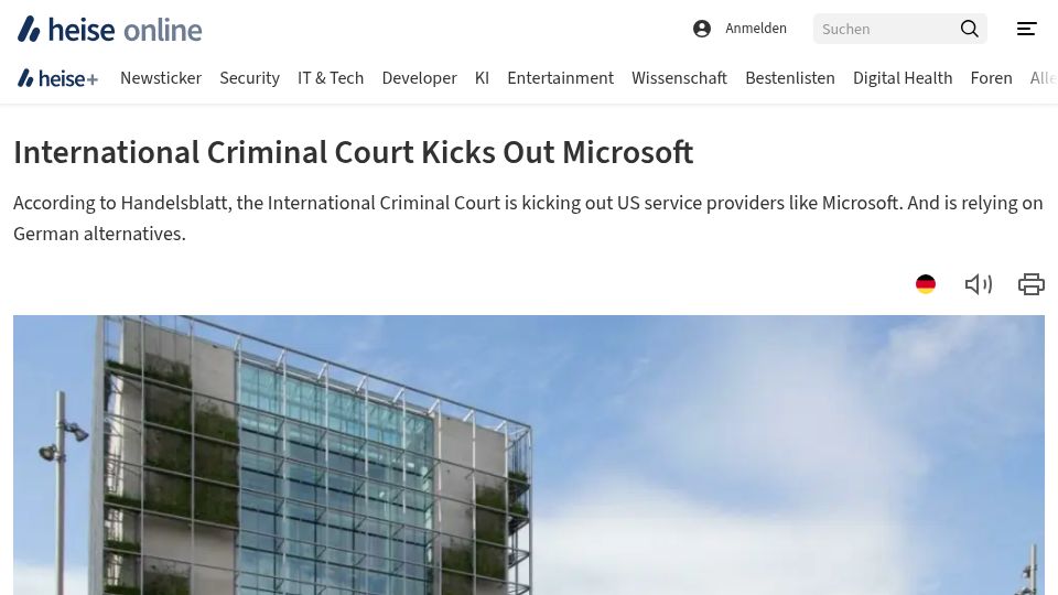 Screenshot of heise.de: The International Criminal Court wants to become independent of USA technology
