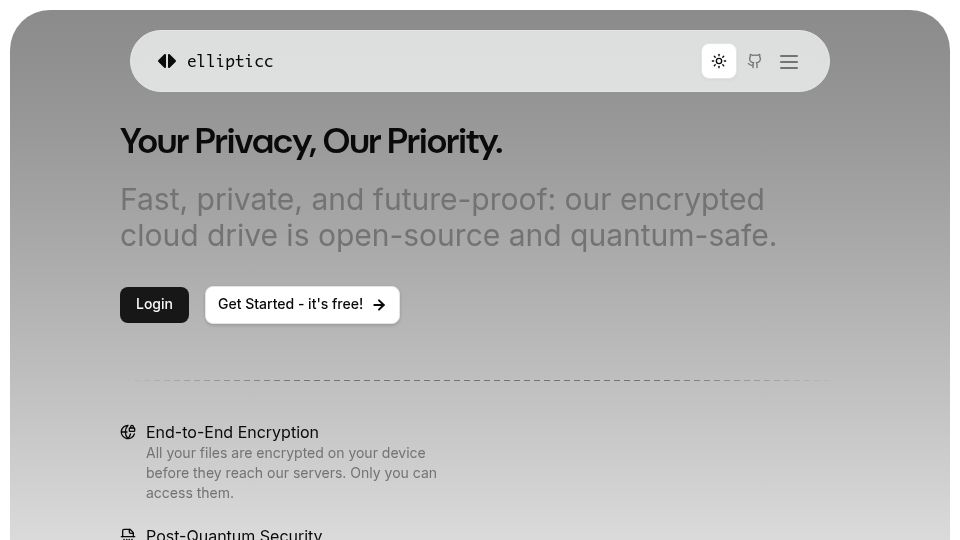 Screenshot of ellipticc.com: Show HN: Ellipticc Drive – open-source cloud drive with E2E and PQ encryption