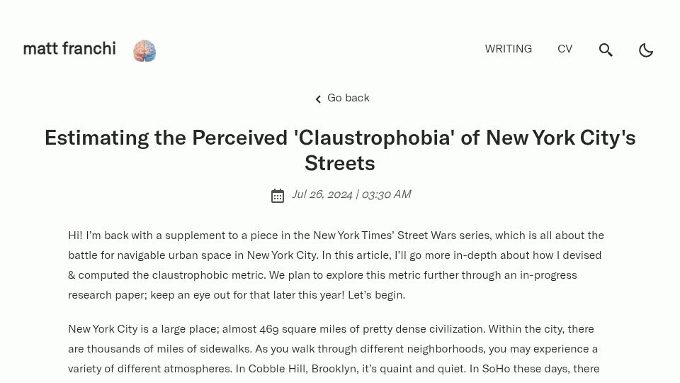 Screenshot of mfranchi.net: Estimating the perceived 'claustrophobia' of New York City's streets (2024)