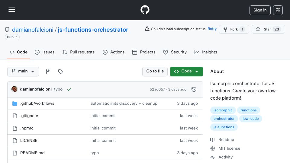 Screenshot of github.com: Isomorphic JS/TS Functions Orchestrator