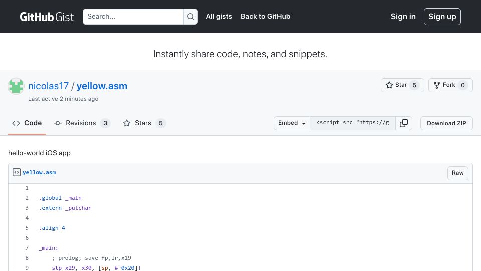 Screenshot of gist.github.com: Hello-World iOS App in Assembly
