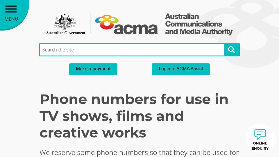 Screenshot of acma.gov.au: Phone numbers for use in TV shows, films and creative works
