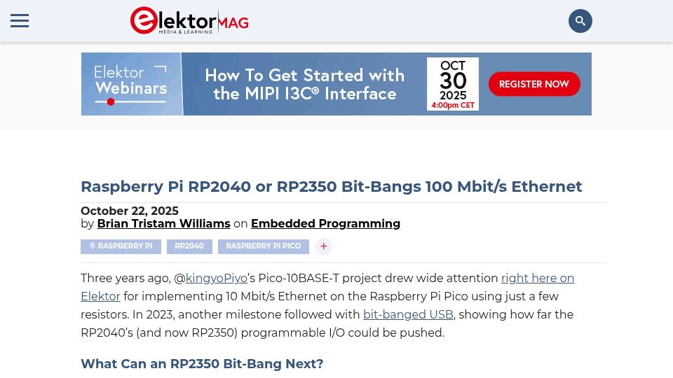 Screenshot of elektormagazine.com: Raspberry Pi Pico Bit-Bangs 100 Mbit/S Ethernet