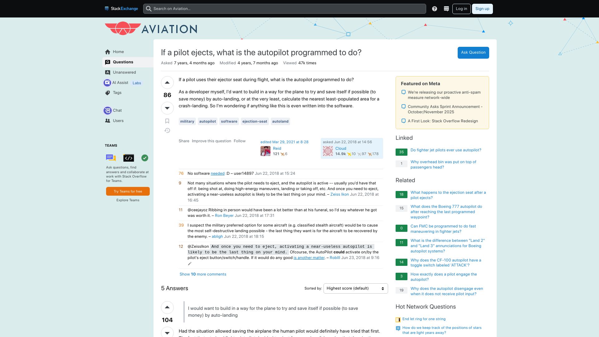 Screenshot of aviation.stackexchange.com: If a pilot ejects, what is the autopilot programmed to do? (2018)