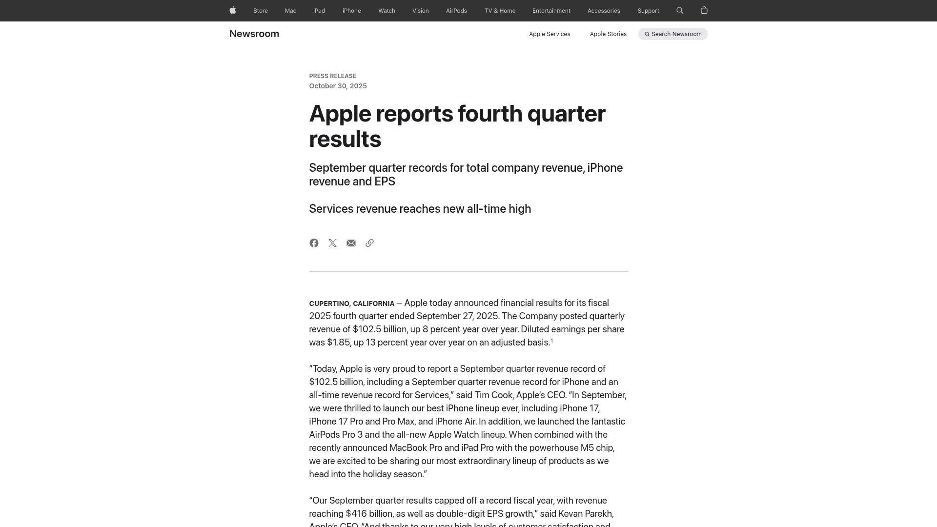 Screenshot of apple.com: Apple reports fourth quarter results