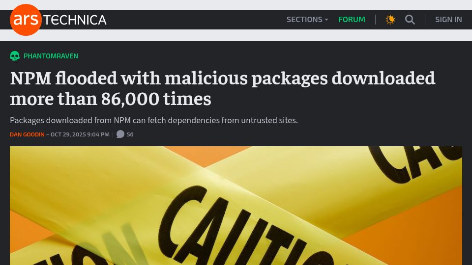 Screenshot of arstechnica.com: NPM flooded with malicious packages downloaded more than 86k times