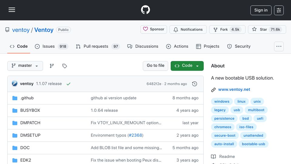 Screenshot of github.com: Ventoy: Create bootable USB drive for ISO/WIM/IMG/VHD(x)/EFI Files