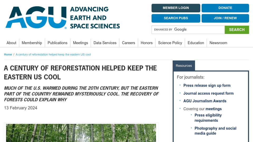 Screenshot of news.agu.org: A century of reforestation helped keep the eastern US cool (2024)