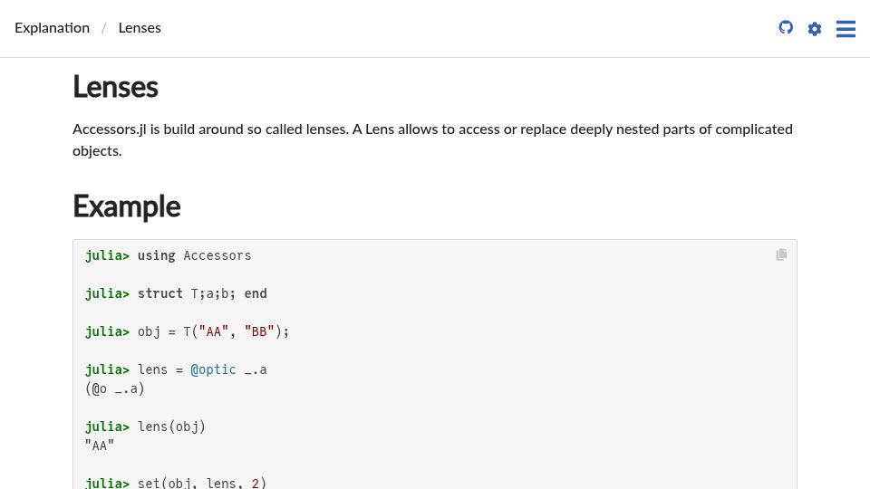Screenshot of juliaobjects.github.io: Lenses in Julia