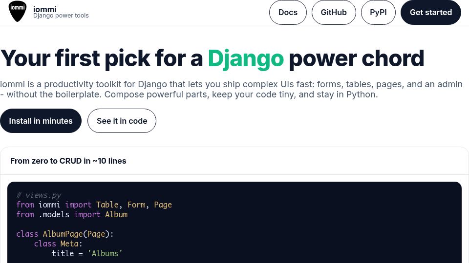 Screenshot of iommi.rocks: Iommi – your first pick for a Django power chord