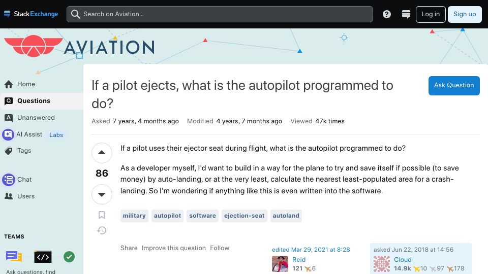 Screenshot of aviation.stackexchange.com: If a pilot ejects, what is the autopilot programmed to do? (2018)