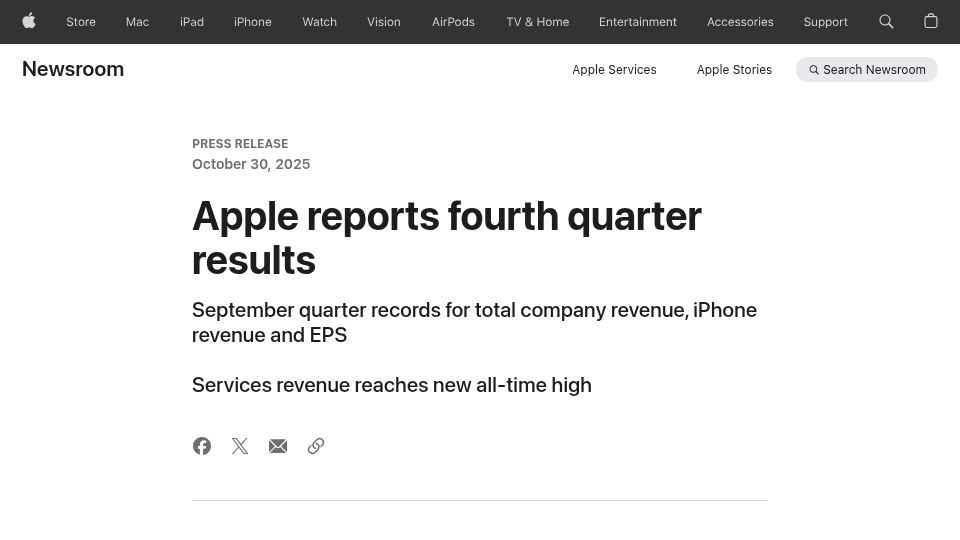 Screenshot of apple.com: Apple reports fourth quarter results