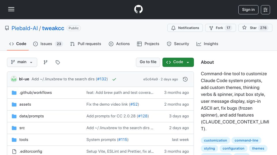Screenshot of github.com: Tweakcc