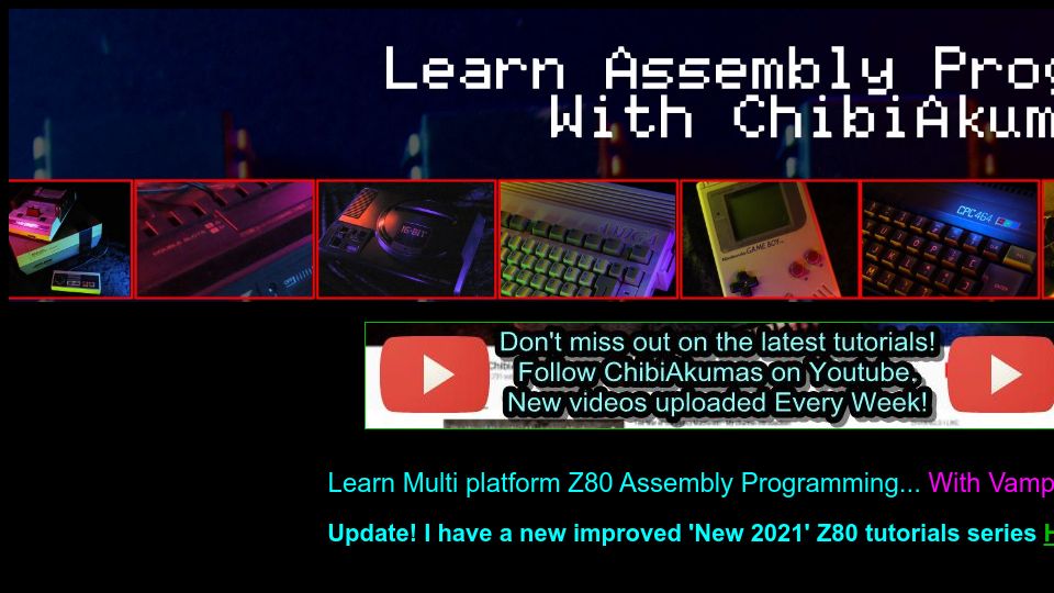 Screenshot of chibiakumas.com: Learn Multiplatform Z80 Assembly Programming with Vampires