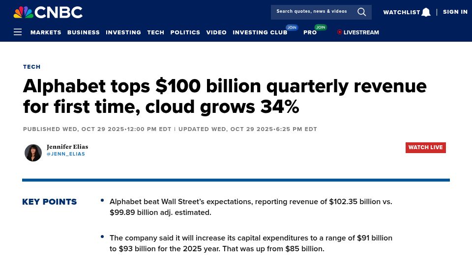 Screenshot of cnbc.com: Alphabet tops $100B quarterly revenue for first time, cloud grows 34%