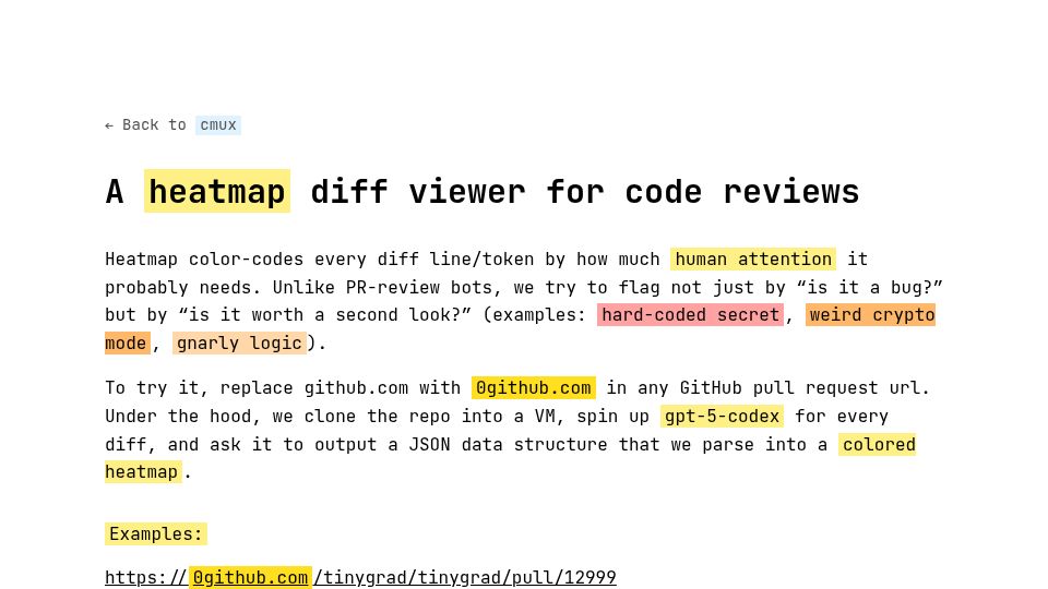 Screenshot of 0github.com: Show HN: I made a heatmap diff viewer for code reviews