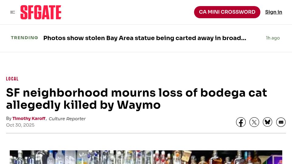 Screenshot of sfgate.com: SF neighborhood mourns loss of bodega cat allegedly killed by Waymo