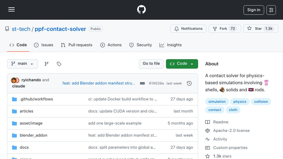 Screenshot of github.com: ZOZO's Contact Solver for physics-based simulations